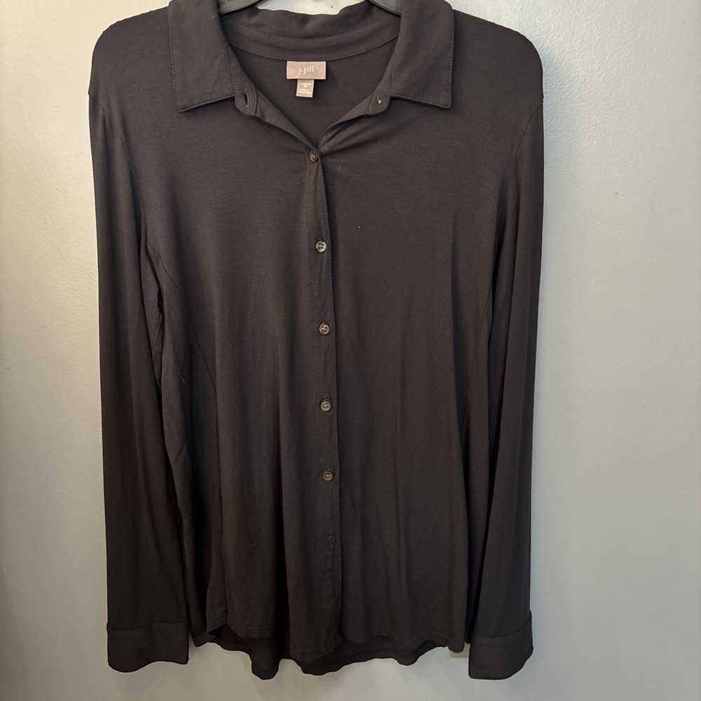 J.jill Women's Dark Grey Button Front Shirt Size M Lagenlook Closet Staple